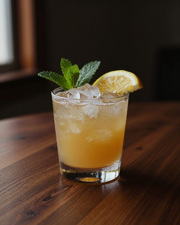 A Maple Bourbon Smash in a rocks glass mounded with crushed ice, with a big sprig of mint and a lemon wheel