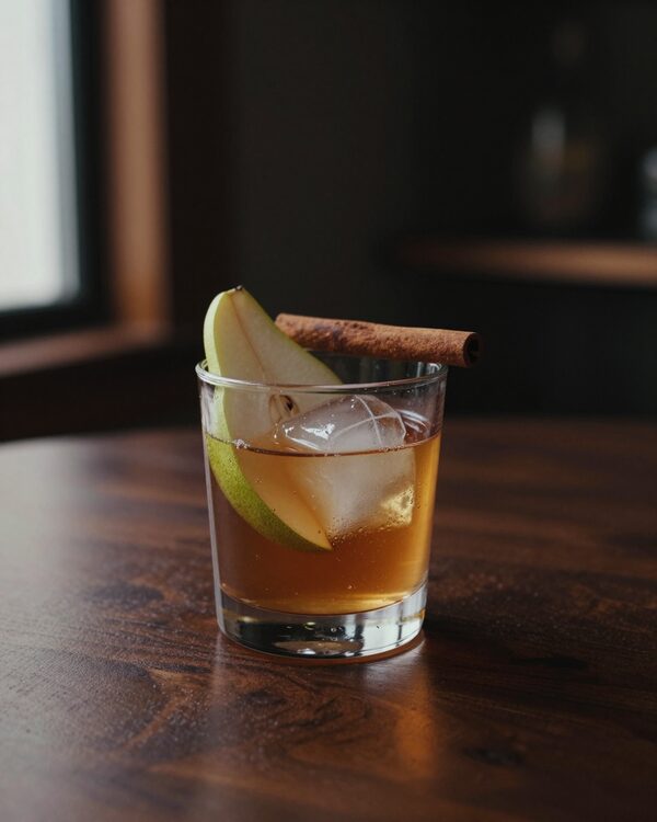 A Spiced Pear Old Fashioned in a rocks glass over one large ice cube, with a fan of pear slices and a cinnamon stick